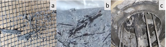 Figure 1: Deposition of corrosion impurities on the surface of a) CT wire mesh packing and b) CT outlet pipe, c) deposition of oxide impurities on interior walls of CT