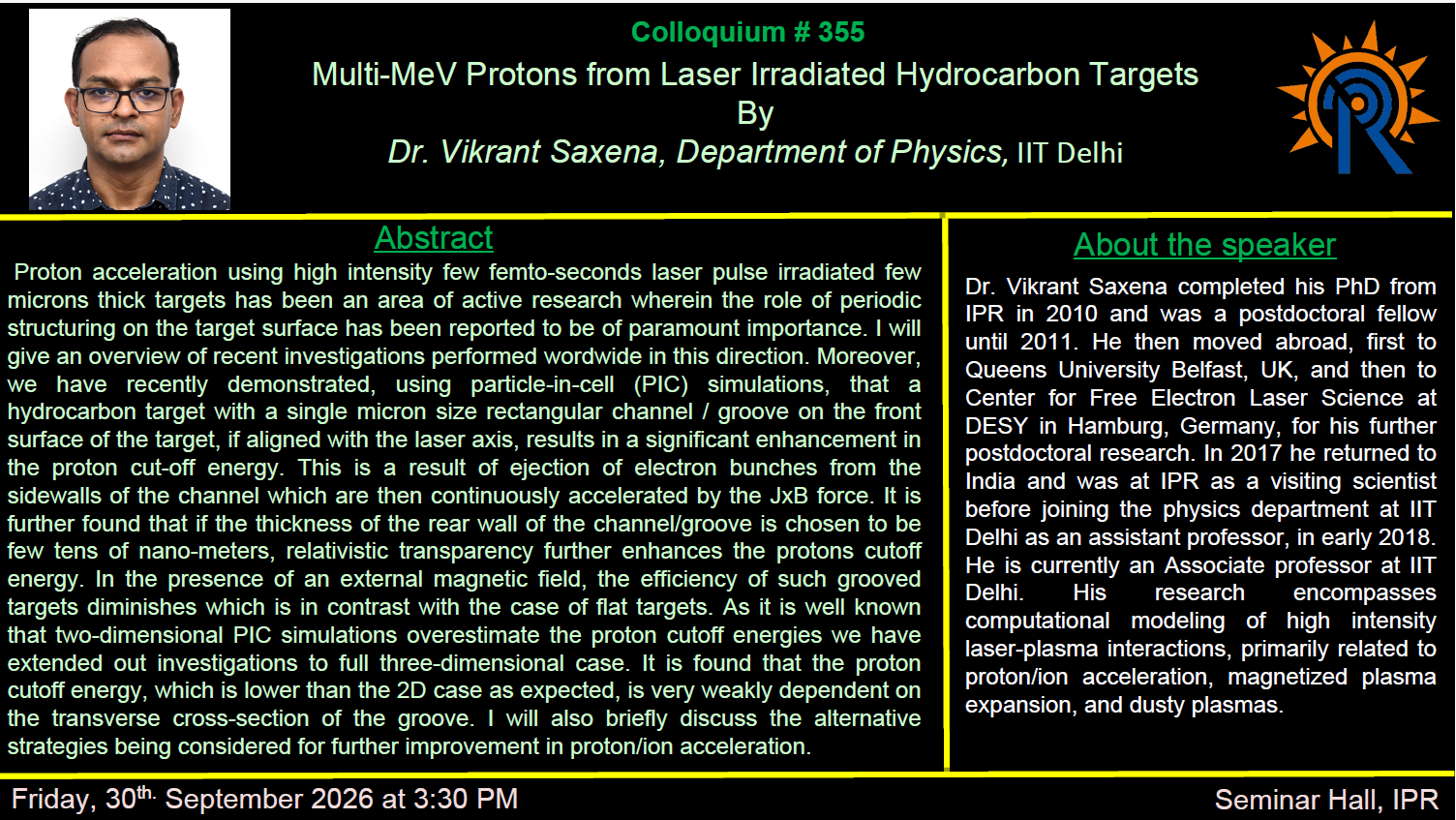 Colloquium Talk on 30th September 2026 in Seminar Hall