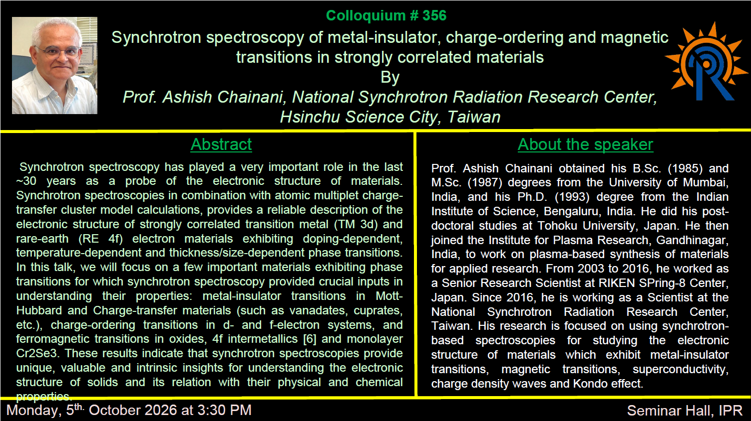 Colloquium Talk on 5th October 2026 in Seminar Hall